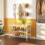 Shoe Rack for Front Door Entrance, 3 Tier Shoe Rack for Entryway, Shoe Shelf for Closet, Metal Shoe Racks Organizer with Sturdy Wooden Top & Steel Frame,(White+Beige)