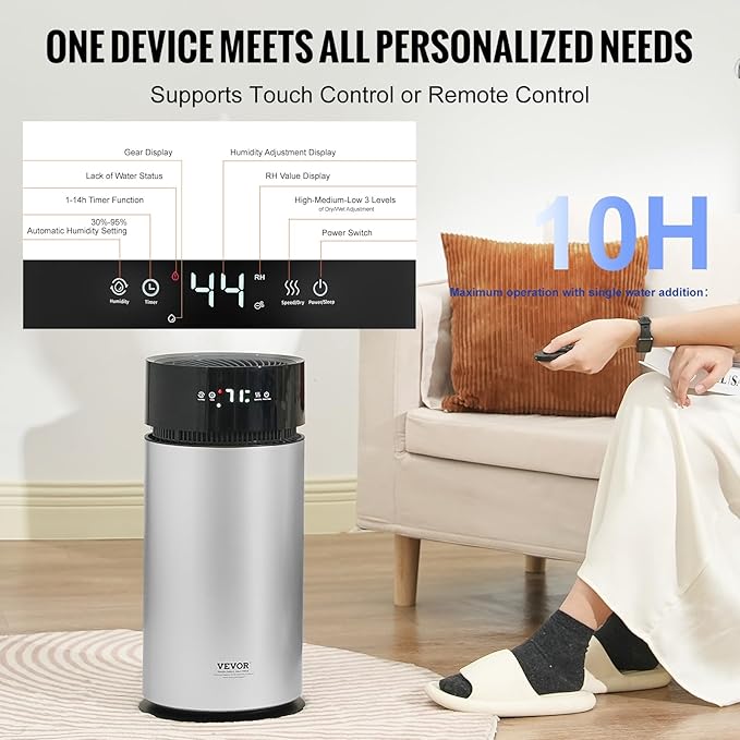 VEVOR Evaporative Humidifier for Whole House up to 1076.4 sqft, 10L(2.64G) Large Smart Cool Moisture Humidifier and Air Purifier,3-Speeds & 1-14h Timer,Premium Filter Quiet Sleep Mode for Bedroom