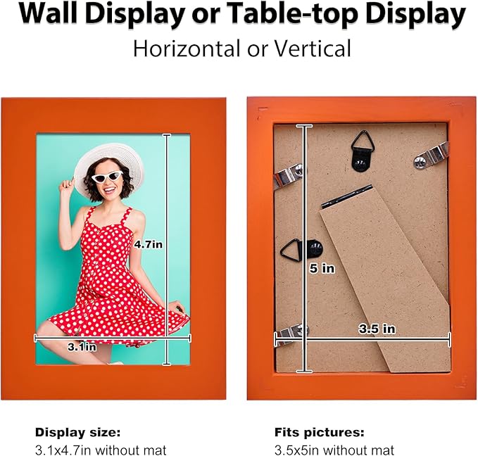 KINLINK 3.5x5 Picture Frames Orange, Solid Wood Frames with Plexiglass for Table Top and Wall Mounting, Photo Frames for Horizontal or Vertical Display, 4 Pack