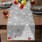 Christmas Snowflakes Cotton Linen Table Runner for Dining Kitchen, Xmas Tree Snow Winter Wedding Outdoor Party Tablerunners Decoration, Grey Balls Dresser Scarf Coffee Tablecloth Runners 13x90 Inches