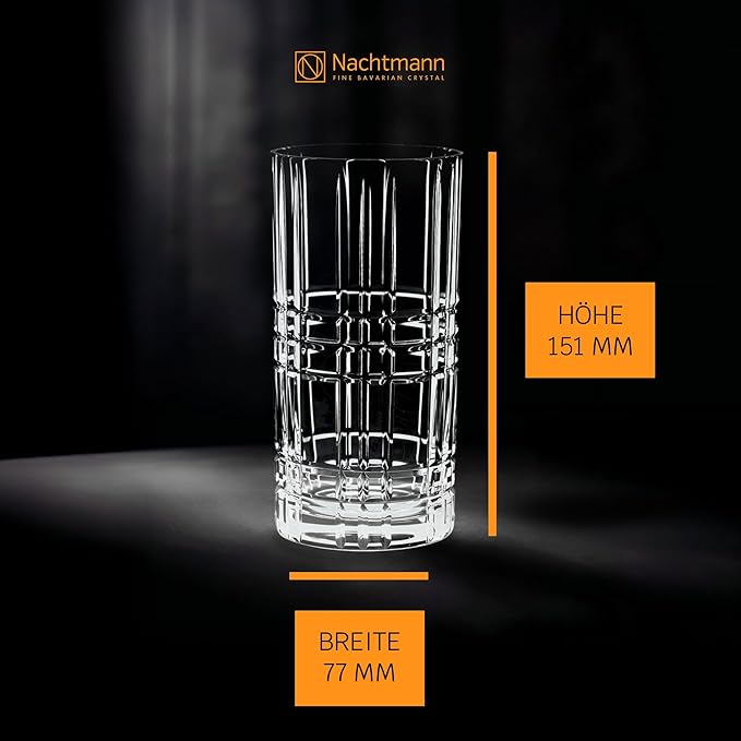 Nachtmann Highland Collection Crystal 6” Long Drink Glasses, Set of 4, With Different Glass Patterns, For Cocktails or Non- Alcoholic Beverages,445 ml, Dishwasher Safe