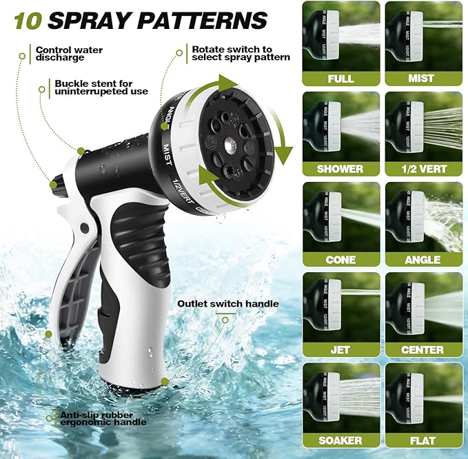 Garden Hose 25 FT, Lightweight Non-Expanding Water Hose with 10 Function Nozzle, Manguera Para Jardin with 3/4" Brass Connectors Leak-Proof, Burst-Resistant, Anti-Kink
