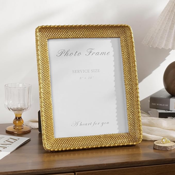 Cuspin 8x10 Picture Frame Gold, Vintage Gold Frames Rattan Textured Hand-Crafted Resin Photo Frame with Glass Front for Tabletop Display & Wall Display, Retro Design Home Decor