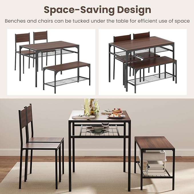 Tangkula Dining Table Set for 4, Kitchen Table and 2 Chairs for 4 with Bench, Additonal Storage Rack, 4 Piece Dining Table Set for Small Space, Apartment