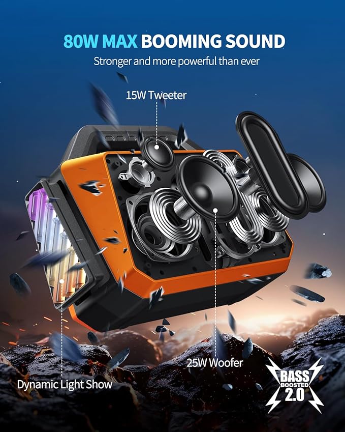 Bluetooth Speaker - 80W Loud, Rugged Outdoor Speakers, IPX6 Waterproof, 20H Playtime, Deep Bass, Lightshow, TWS, BT 5.3 Wireless, Portable for Travel Hiking Camping Beach Pool - Orange