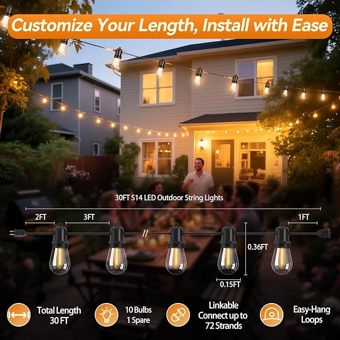 30FT LED Outdoor String Lights Dimmable Shatterproof S14 Bulbs IP44 Weatherproof Hanging Lights for Small Patio Balcony Tent DIY Project