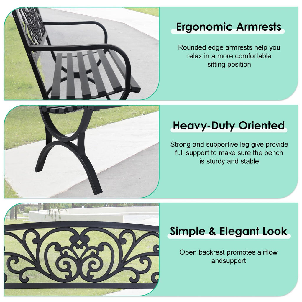 FDW | 50" Outdoor Garden Bench | Black | 485lbs Load Capacity