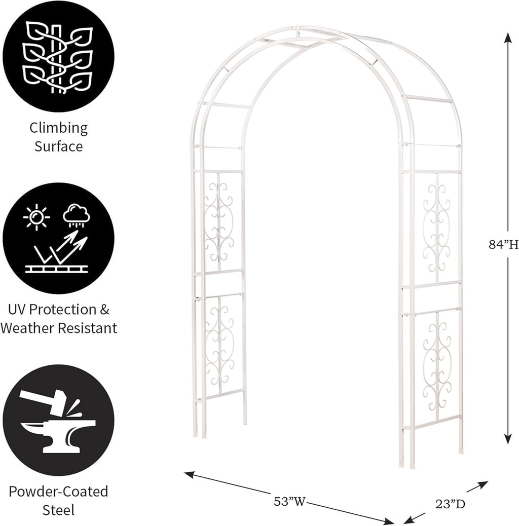 Evergreen Plow & Hearth Montebello White Garden Arbor - 7 Feet Tall | Slim Metal Arch with Iron Trellis for Climbing Plants | Elegant Wedding Arbor | Outdoor Patio & Garden Decor