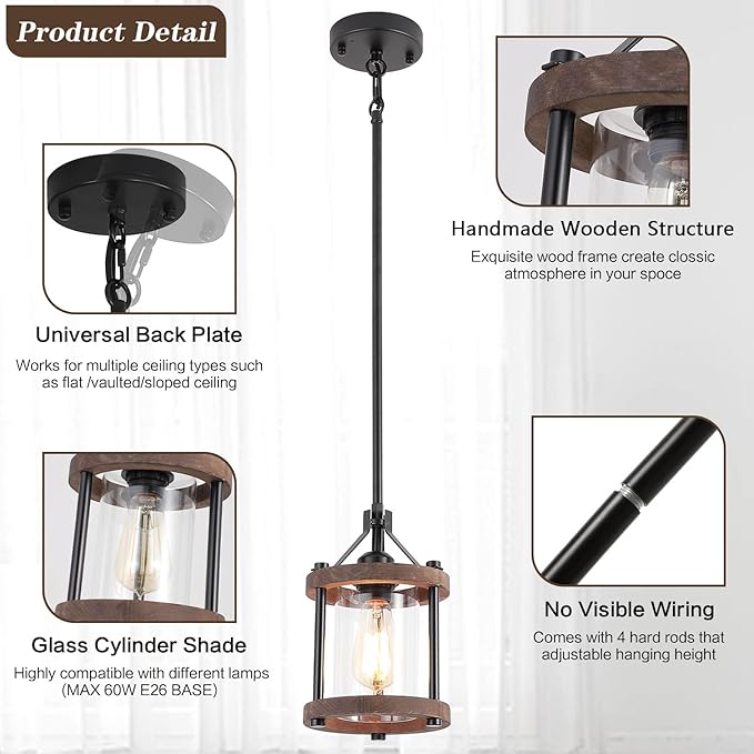 SGLfarmty Farmhouse Pendent Lights for Kitchen Island, Rustic Black and Wood Light Fixtures with Glass, Bronze Pendant Lamps Over Table, Chain Hanging Light for Dining Room, Sink, Bar, 1 Pack