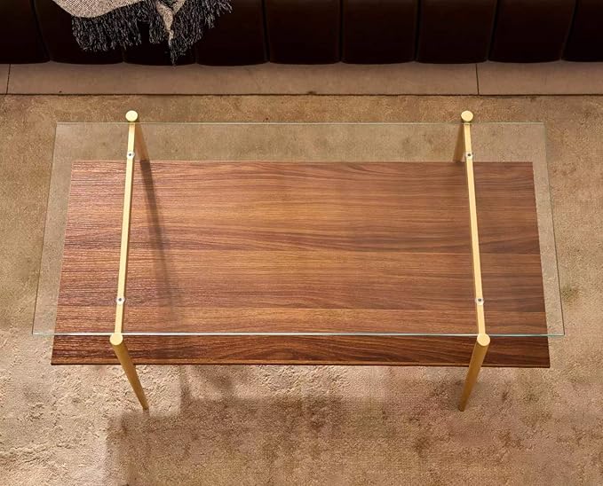 Shrine Rectangle Coffee Table, Mid-Century Modern Design, 2-Tier Structure, Clear Glass Top and Walnut MDF Shelf, 41" D x 21" W x 17" H, Sleek Conical Metal Legs with Gold Finish