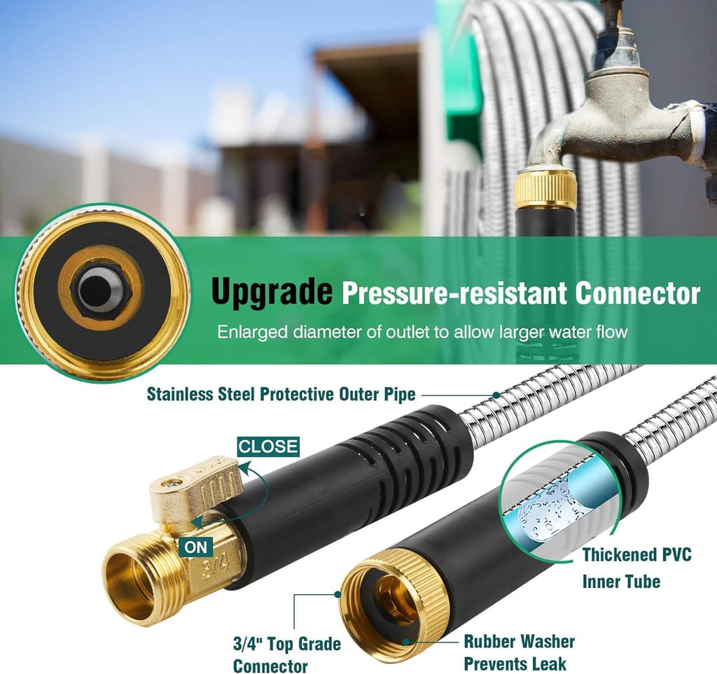 200FT Metal Garden Hose 304 Stainless Steel Flexible Water Hose - No Kink & Tangle Heavy Duty Pipe with Nozzle, Durable 3/4 Metal Fittings and Valve - Rust Proof Puncture Proof for Yard Lawn