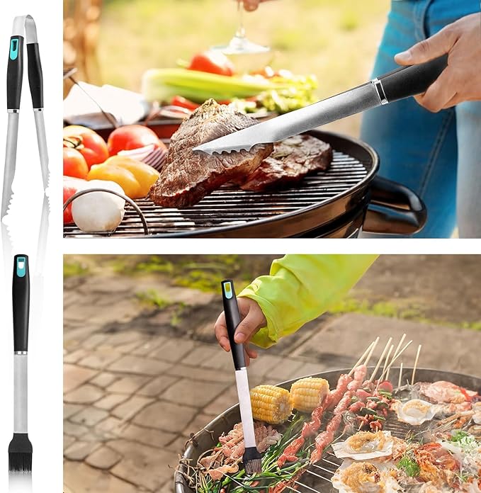 5-Piece Good Grips BBQ Grill Tool Set – Extra Tough Metal Wire Brush Cleaner, Stainless Steel Spatula, Fork, Tongs, Basting Brush for Outdoor Grilling, Camping - Perfect Grill Gifts for Men Dad