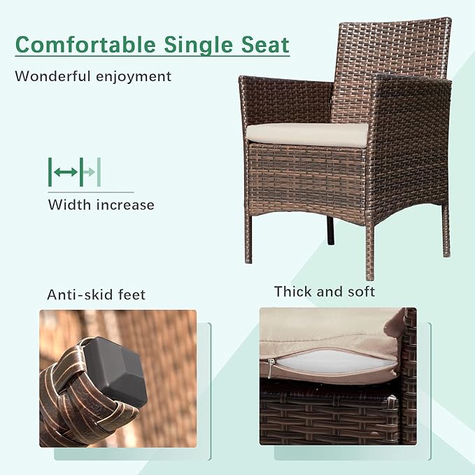Greesum Patio Furniture 4 Pieces Conversation Sets Outdoor Wicker Rattan Chairs Garden Backyard Balcony Porch Poolside loveseat with Soft Cushion and Glass Table, Brown and Beige