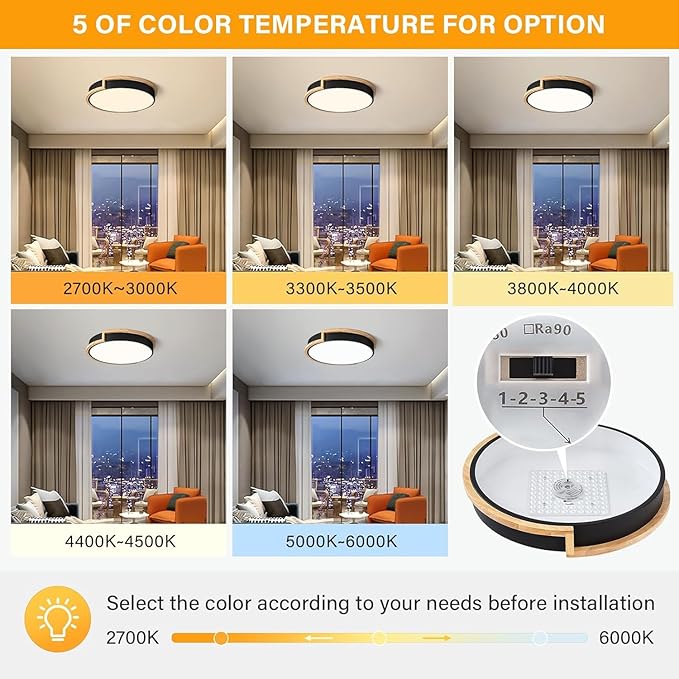 Dimmable Wood Flush Mount Ceiling Lights, Modern LED Black 5CCT 2700K-6000K Lighting Fixtures, Round Ceiling Lamp for Kitchen Living Room Dining Room Bedroom, 15.8in