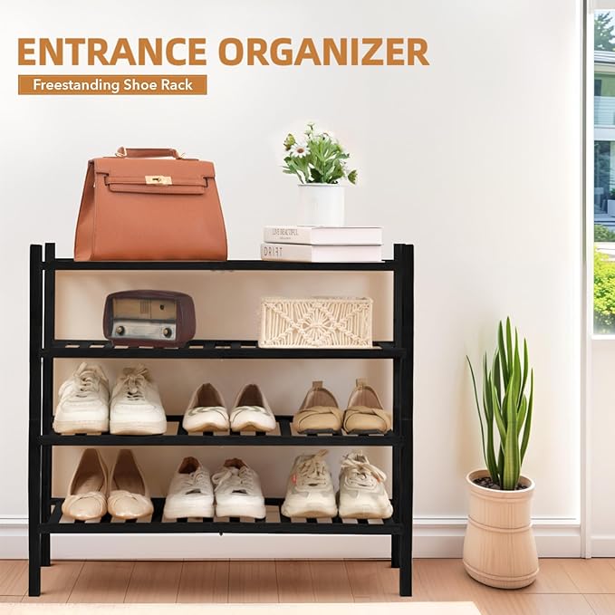 4 Tier Bamboo Shoe Rack Storage Organizer for Closet, Multifunctional Stackable Free Standing Shoe Shelf Organizer for Small Space,Entryway, Hallway, Bathroom27 x11 x26(Black, 4 Tier)