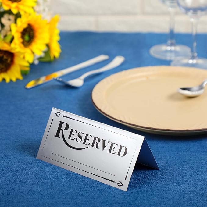 300 Pcs Paper Table Reserved Sign with Name Line Reserved Seating Signs Bulk Double Sided Signs for Reserving Seats Restaurant Wedding Reception Church Board Business Meeting (Silver Black)