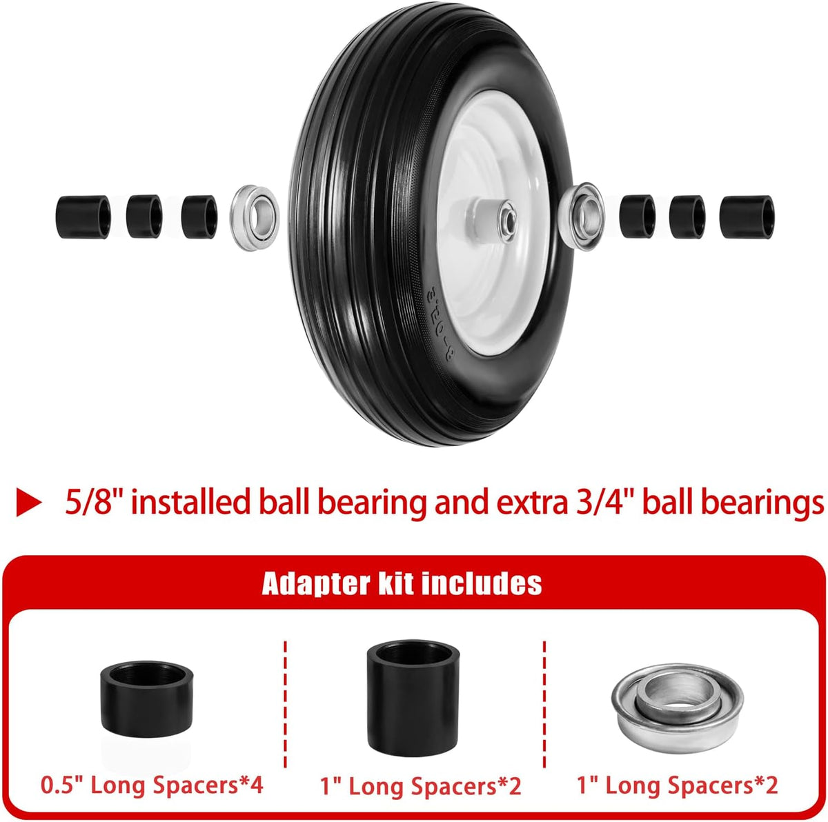 (2-Pack) Fits 4.80/4.00-8, 3.50/2.50-8, 4.00-6, 4.00-8 Wheelbarrow Wheels,14.5" Wheelbarrow Flat Free Tire, with 3/4" & 5/8" Bearing,3" Hub for Garden Cart Trolley Wagon Lawn Mower
