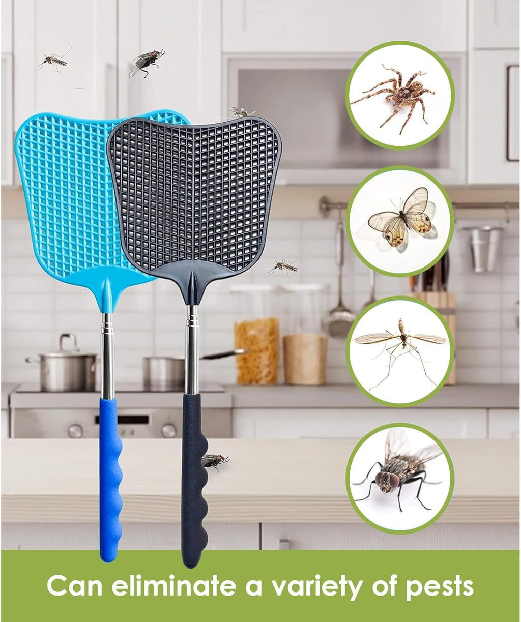 Fly Swatter Heavy Duty Set, with Durable Telescopic Stainless Steel Extendable Handles, for Home, Classroom, Indoor Outdoor Office, 2Pcs, Blue