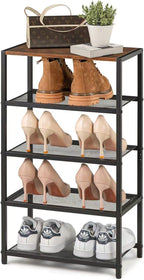 Metal 5 Tier Shoe Rack for Front Door Entrance, Entryway, and Closet Shoe Organizer with 4 Sturdy Metal Mesh Shelves and Wooden Top, Holds 10 Pairs, Ideal for Storage or Display