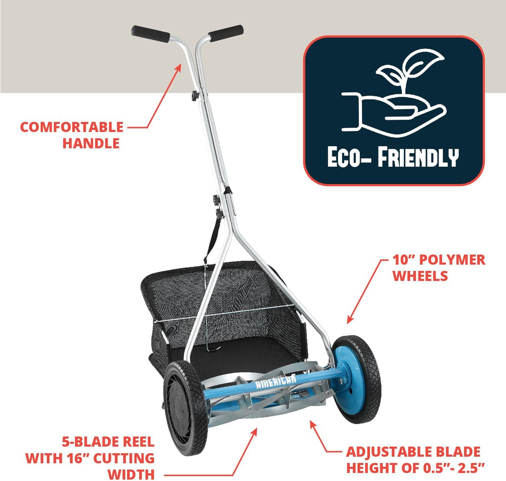 American Lawn Mower Company 1604-16 16-Inch 5-Blade Walk Behind Reel Mower with Grass Catcher
