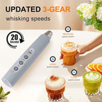 YUSWKO Handheld Milk Frother for Coffee, Rechargeable Drink Mixer with 3 Heads 3 Speeds Electric Whisk Coffee Frother For Latte, Cappuccino, Hot Chocolate, Egg - Cement Gray