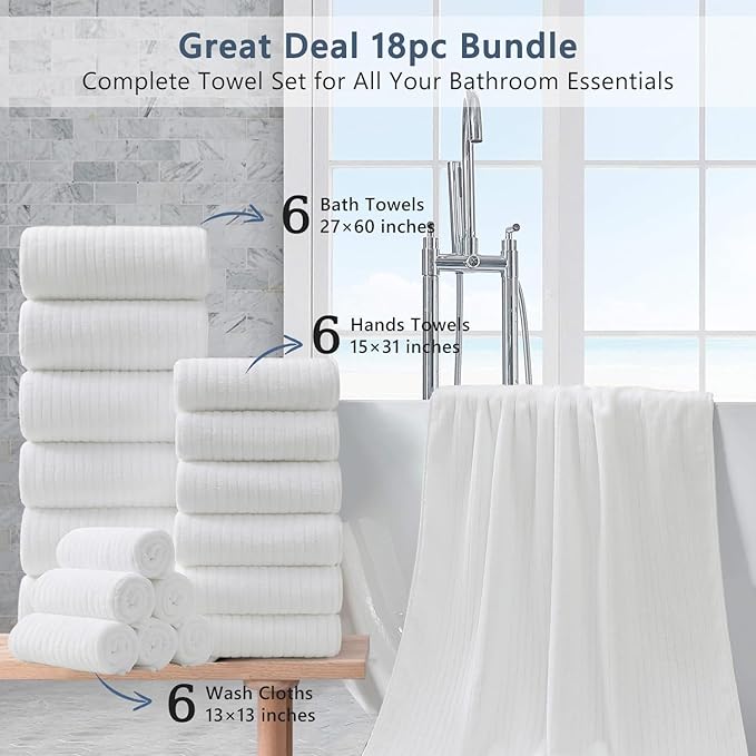 18 Piece Bath Towels Set,Ultra Soft Family Bathroom Towel Set with Hanging Loops-6 Bath Towels,6 Hand Towels,6 Washcloths,Highly Absorbent Quick Dry Shower Towel for Bathroom,Hotel,Spa-White Towel Set