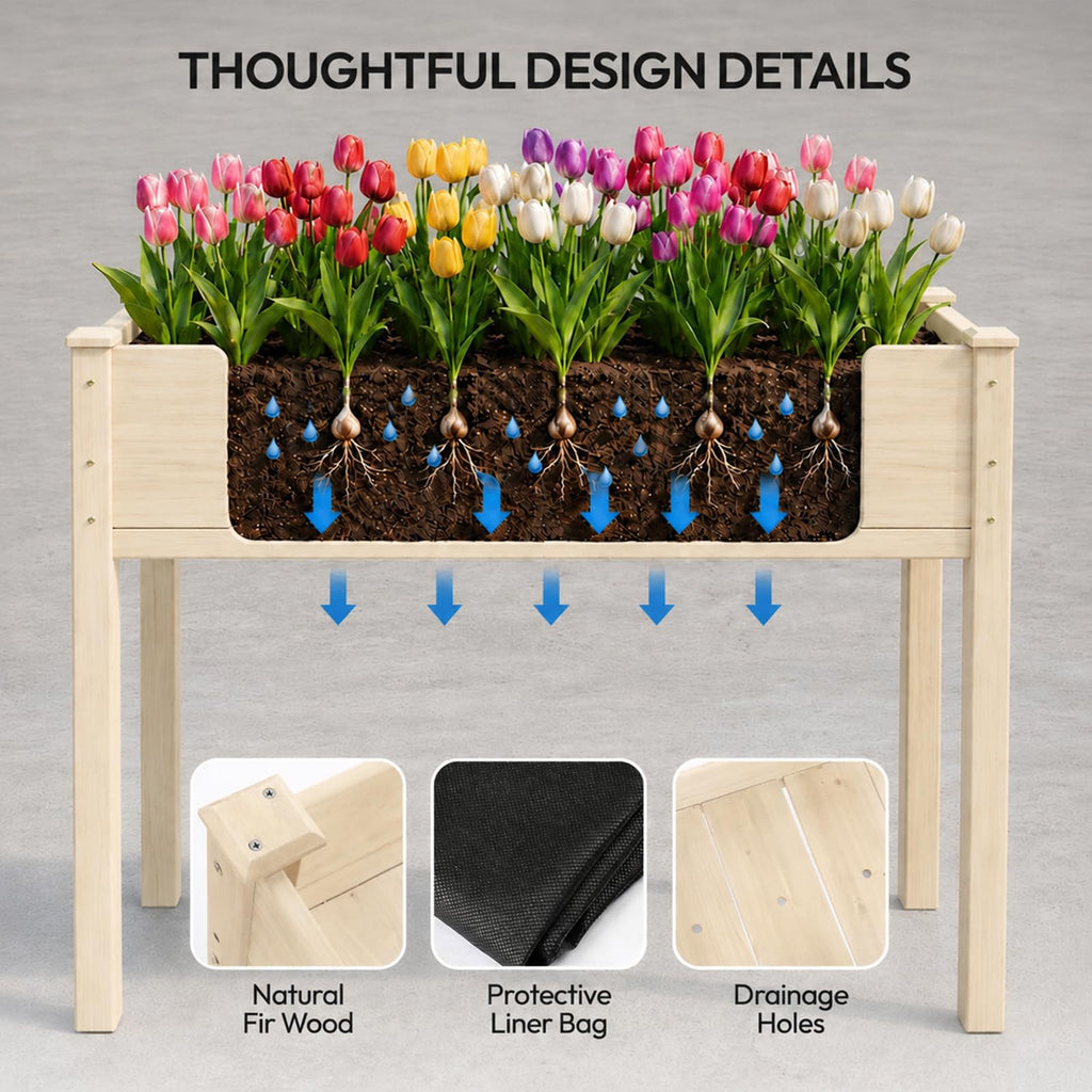 VINGLI 48.5"x22.5"x30" Elevated Raised Garden Bed with Bed Liner, Heavy Duty Wood Planter with Legs for Vegetables Fruits Potato Flower, Outdoor Sturdy Long Lasting Planter Box (Nature - no Wheel)