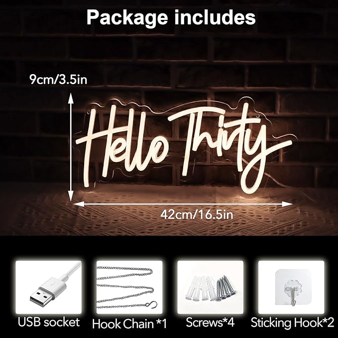 Warm White Hello Thirty Neon Sign 30th Birthday Party Neon Sign For Wall 30th Birthday Photo Background Neon Lights Neon Sign For Bedroom Living Room Dorm Office Decor