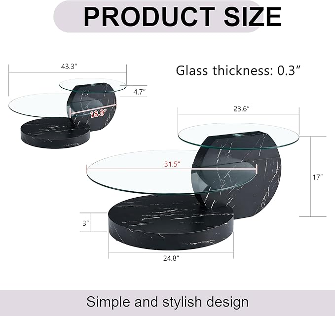 Coffee Tables for Living Room - Round Glass Coffee Table with Wooden Base Mid-Century Modern End Table 3-Tier Round Coffee Table for Living Room, Office, Balcony (42″ Black)