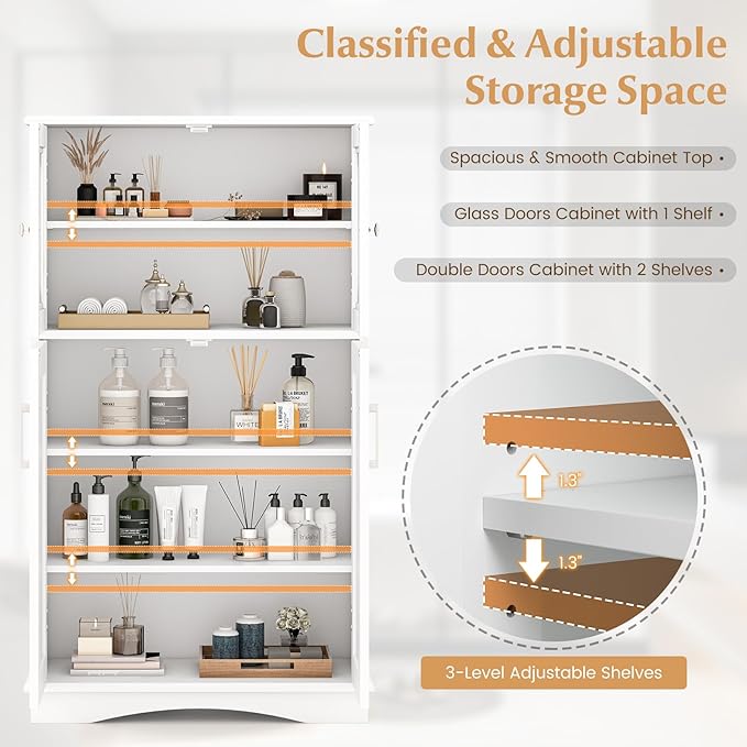Tangkula Freestanding Floor Cabinet w/2 Glass Doors, 3-Level Adjustable Shelves, Anti-toppling, Kitchen Pantry Cupboard for Bathroom & Living Room (White)