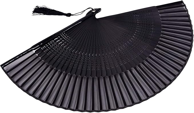 Amajiji 8.27"(21cm) Hand Held Bamboo Silk Folding Fan Hand Fan,Chinese/Japanese Charming Elegant Vintage Retro Style,Women Ladys Girls Best Gifts (Black-2)
