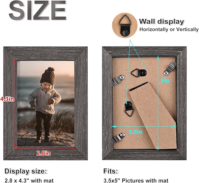 KINLINK 3.5x5 Picture Frame Ash Black, Solid Wood Frames with Plexiglass for Table Top and Wall Mounting, Photo Frames for Horizontal or Vertical Display, 4 Pack
