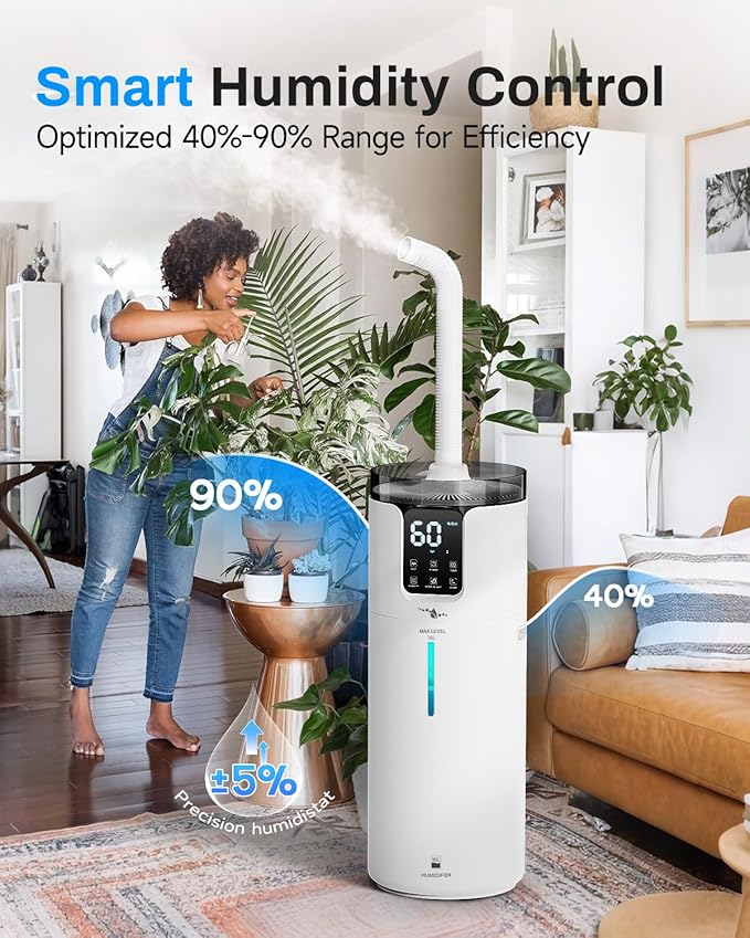 Humidifier Large Room, 4.2 Gal/16L Large Humidifier for 1500 sq.ft, 360° Nozzles Cool Mist Ultrasonic, Top Fill Tower Humidifiers for Bedroom Office Plant wholehouse with Extension Tube, Night Light