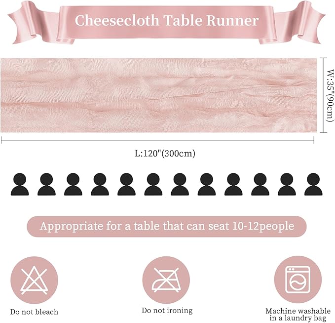 6 Pack Dusty Pink Cheesecloth Table Runner 10FT Long Boho Gauze Table Runner Rustic Sheer Runner for Wedding Bridal Baby Shower Birthday Party Table Decor Thanksgiving Christmas Decorations