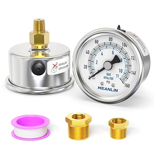 MEANLIN MEASURE 0~160Psi Dry Pressure Gauge Stainless Steel 1/8" NPT 2" FACE DIAL Waterproof for Air Compressor RV Regulator Water Pressure Tester Back Mount with 1/4" NPT and 3/8" NPT Hex Bush