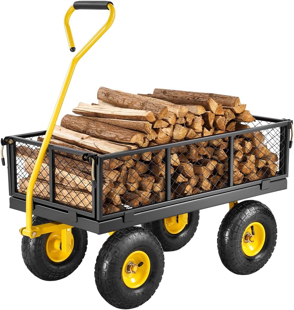 VEVOR 500 Lbs Steel Garden Cart, Heavy Duty Garden Wagon Cart Pullable on Wheels, Metal Yard Utility Wagon Carts with 10" All Terrain Tires, Mesh Removable Sides and 180°Rotating Handle