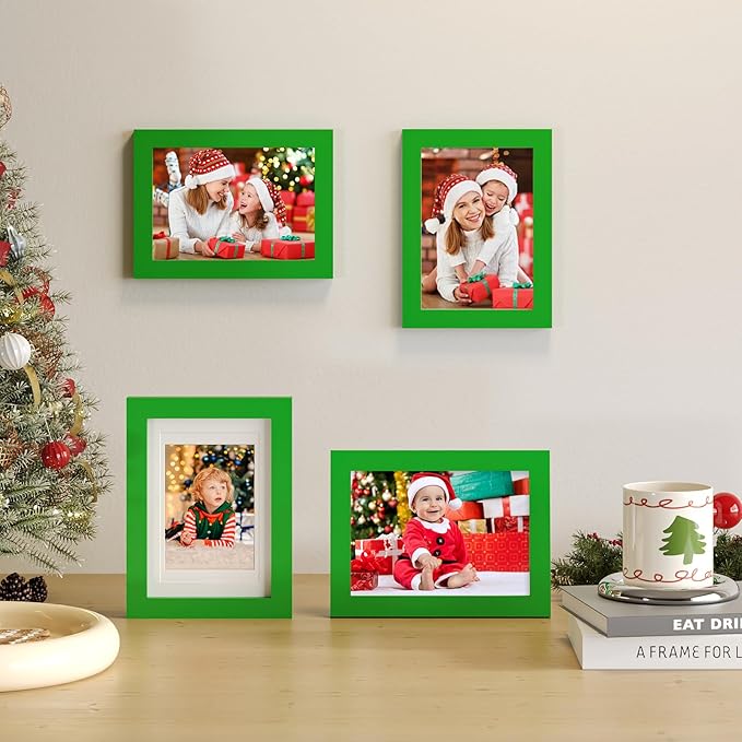 KINLINK 5x7 Picture Frame Grass Green, Solid Wood Frames with Acrylic Plexiglass for 3.5x5/4x6 with Mat or 5x7 without Mat, Tabletop and Wall Display Photo Frame 4 Pack
