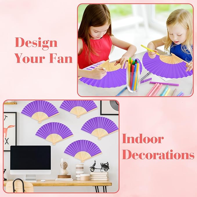 6 Pieces Purple Hand Held Bamboo Folding Fans Foldable Paper Fans Handheld for Women Girls Wedding DIY Decoration Church Home Party Favors Summer