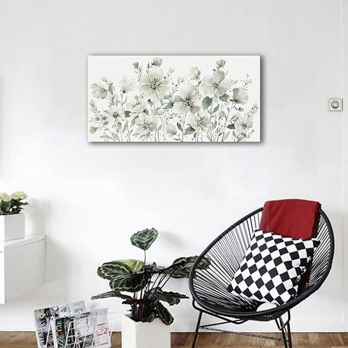 Elegant Flowers Wall Art Abstract Floral Pictures Wall Decor Modern Green Botanical Canvas Painting Flower Blossom Canvas Print Artwork for Living Room Bedroom Office Home Wall Decoration 20" x 40"