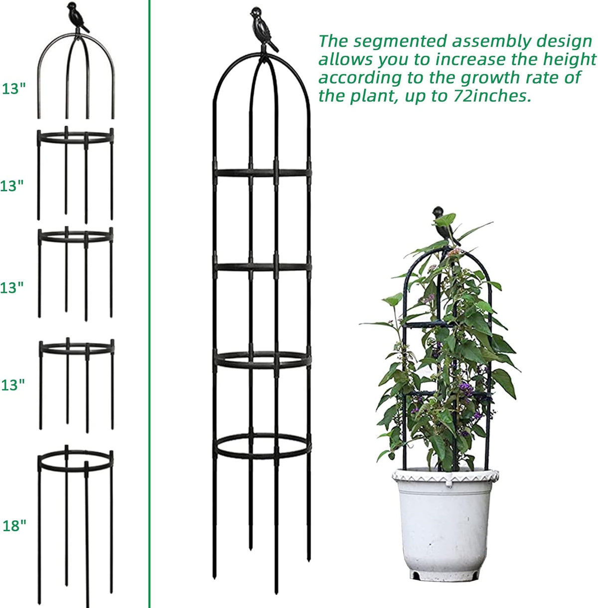 6ft Garden Obelisk Trellis for Climbing Plants-Rustproof Metal Pipe with Heavy Duty Plastic Coated, Garden Outdoor Indoor Potted Plant Support for Clematis Vine Jasmine Support （Black）