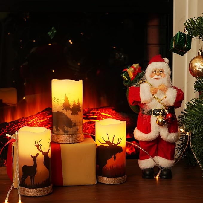 Homemory Christmas Flameless Candles Battery Operated with Rope, Deer, Bear, Moose, Remote Control and Timers, Rustic Country Home Farmhouse Cabin Decor Gifts, 3”x 6”