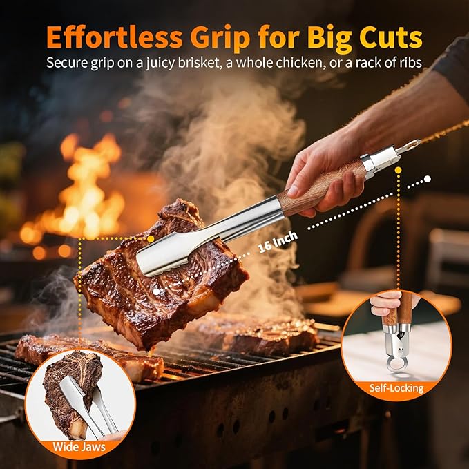 16 Inch Grilling Accessories Set, Heavy Duty Stainless Steel BBQ Accessories Tools and Grill Accessories for Outdoor Grill with Spatula, Fork, & Tongs - Grilling Gifts for Men Women Father