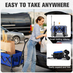 Wagon Cart Shopping Foldable Folding Collapsible with Wheels Big On Beach Garden Outdoor Grocery Heavy Duty Utility All Terrain Portable Wagons Carts for Groceries Sand Camping Sports Blue