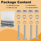 M10 Hex Bolts and Nuts Set, M10x60mm Fully Thread Bolt, M10-1.25mm Hexagon Nut with Flat Washers, Spring Washers 304 Stainless Steel Fastener Set for Caster Wheels Assembly 4 Sets
