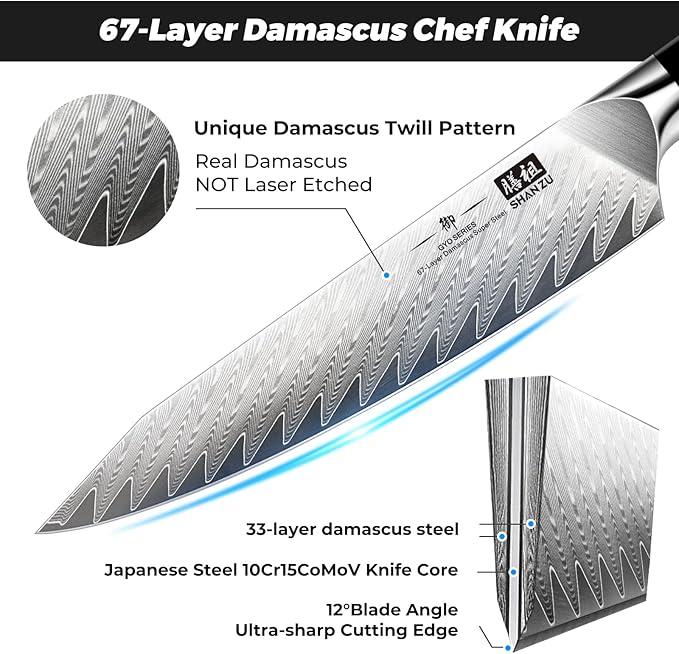 SHAN ZU Damascus Chef Knife 6 inch,67-Layer Japanese Steel 10Cr15CoMoV Kitchen Knife, High Carbon Super Sharp Japanese Chef Knife, All Purpose Professional Kitchen Utility Petty Knives with G10 Handle