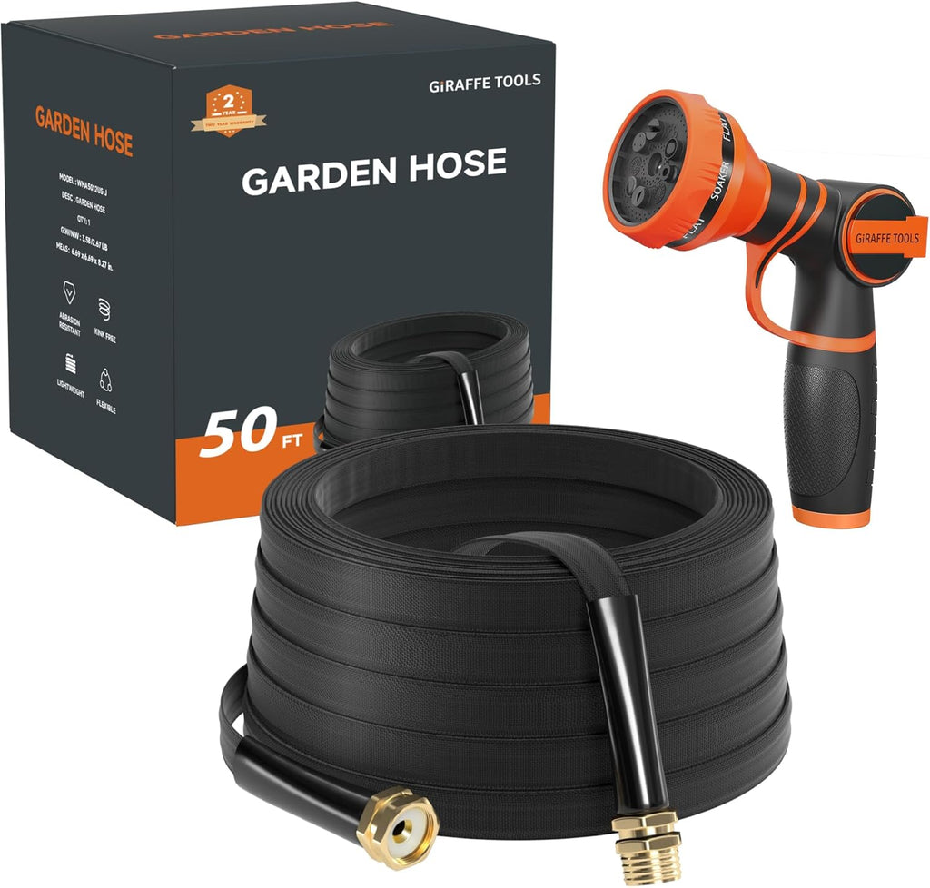 Giraffe Tools Garden Hose 50FT Lightweight Lay Flat Water Hose Kink Free Flexible Hose with 9 Spray Function Nozzle, Black