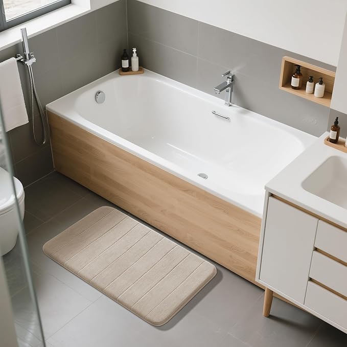 Yimobra Large Bath Mat 36"x24", Super Soft Quick Dry Memory Foam Bathroom Rug, Water Absorbent, Non Slip Backing Machine Washable for Tub Shower, Thick Comfort Support, Beige
