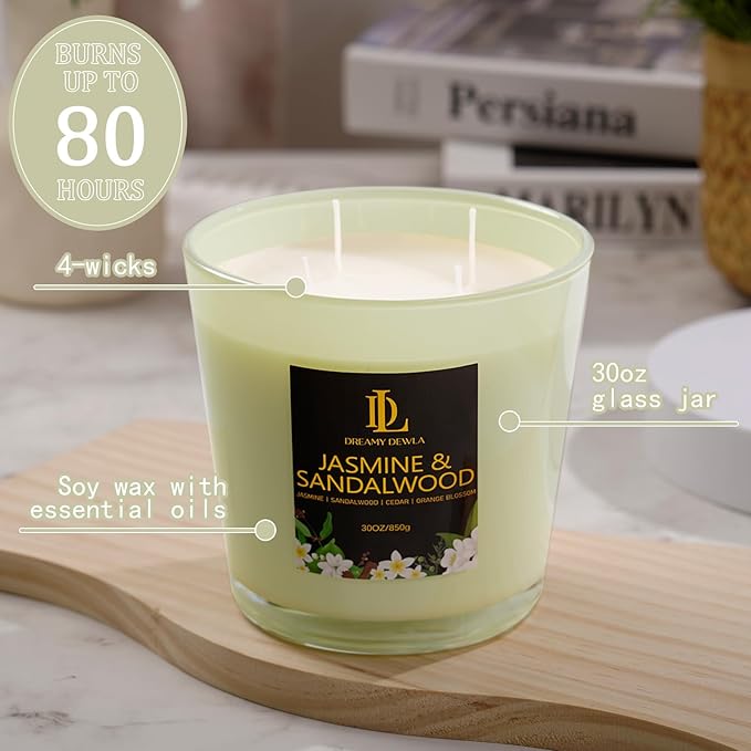 Jasmine & Sandalwood Scented Candle, Large 30oz Natural Soy Candles, 4-Wick 80 Hour Burn Time, Home Fragrance Candles Housewarming Gift for Women Men