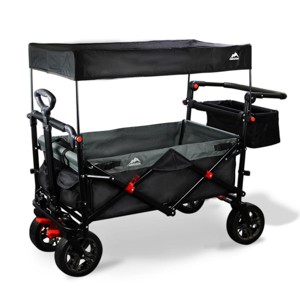 Foldable Wagons with Removable Canopy, Seat Belts, Reversible Handlebar, Removable Canopy, 220lbs Weight Capacity, Folding Wagon for Ages 1+ Years Suitable for Family Travel, Cargo