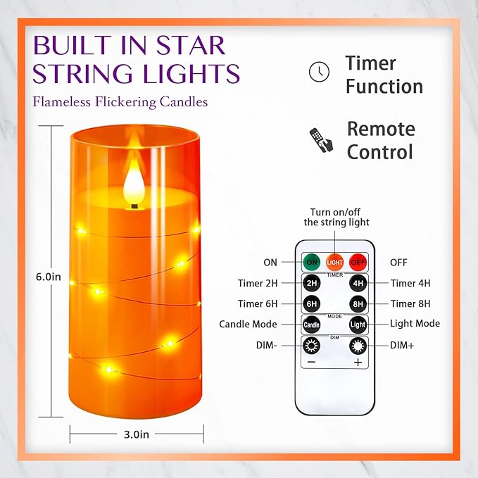NURADA 3"x6"Flickering Flameless Candles: Built-in Star String Lights 3D Wick Battery Operated LED Pillar Candles with Remote and Timer for Halloween Thanksgiving Dinner Tables Home Fall Decor Orange
